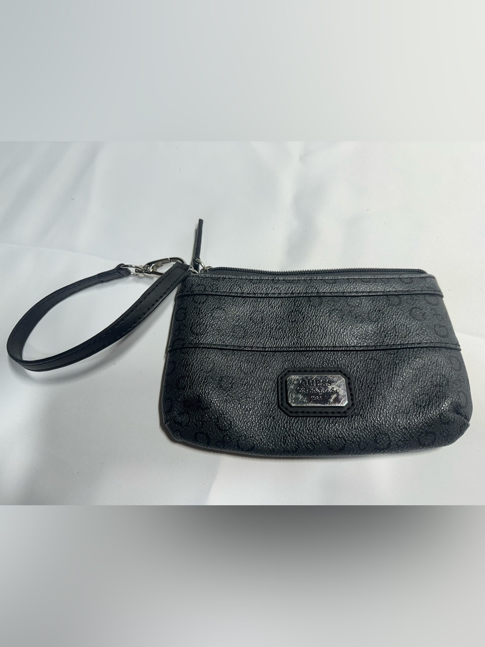 GUESS Black Leatherette Wristlet Clutch with Logo Plaque
